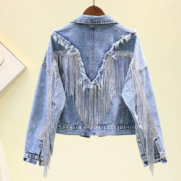 Vestes d'automne en Denim pour femmes, joli manteau Streetwear à pompon lourd à paillettes, manteaux décontractés amples noirs, vêtements d'extérieur pour femmes