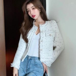 Damesjassen Mooie herfst dames tweed jas Hoge kwaliteit Kleine geur Parel Single Breasted Koreaanse korte elegante jas