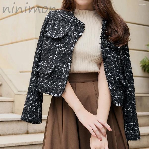 Vestes Femmes Ninimon Mélange de laine Fantaisie Tweed Veste Élégante Slim Courte Outwear avec poches Manteau Jacke Cardigan Cardigan