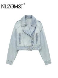 Vestes Femmes Nlzgmsj Mode 2023 Denim Biker Veste Femmes Vintage Revers Manches Longues Fermeture À Glissière Ceinture Femme Chic Manteau 231025