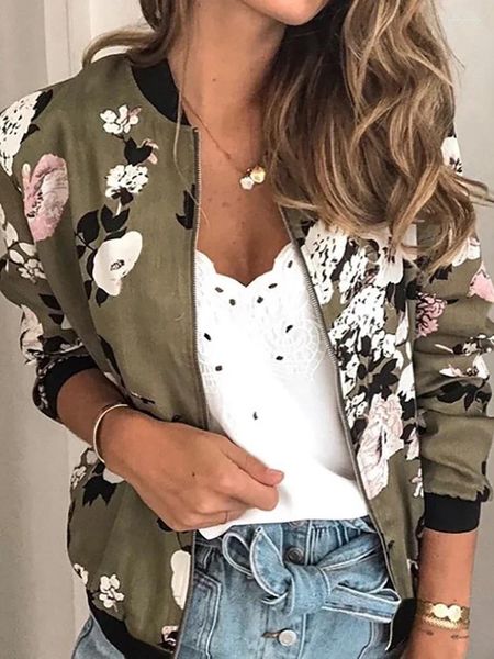 Jackets para mujeres Bomber de cuello O-cuello Fashion 2024 Pockets de otoño con cremallera Agrupación de manga larga Fllo Flower White Chaqueta