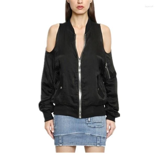 Chaquetas de mujer a la moda con hombros descubiertos, chaqueta Bomber de manga larga con cuello levantado para mujer, chaqueta holgada rosa y negra con cremallera, sección delgada informal para otoño