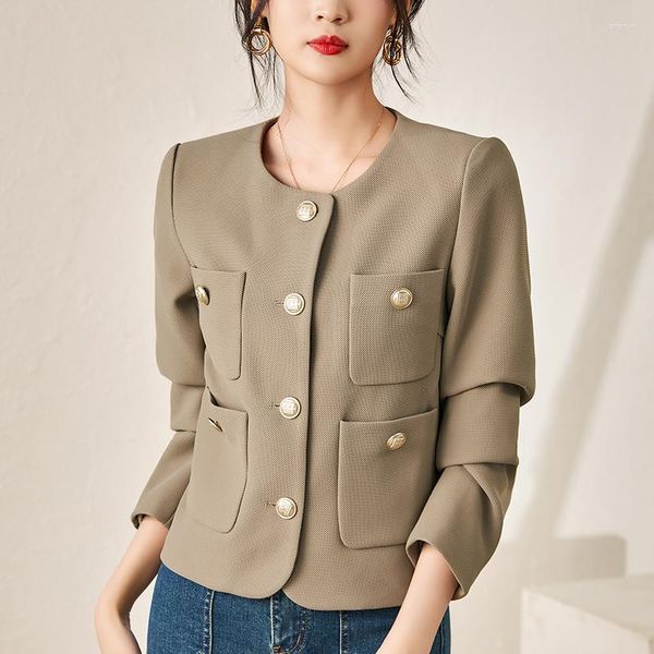 Chaquetas de mujer, abrigo elegante para oficina para mujer, abrigos de moda de manga larga con cuello redondo para otoño 2023, chaqueta negra lisa y ajustada