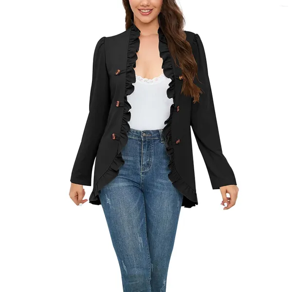 Chaquetas De Mujer Office Lady Ruffled Cardigan Top Mujer Franela Suave Casual Elegante Slim Fit Botón Traje Chaqueta Mujer Blazers Abrigos