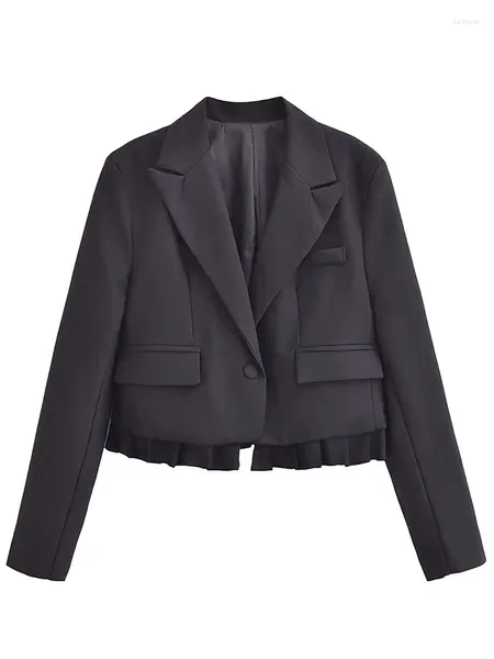 Chaquetas de mujer un botón plisado abrigos cortos mujeres elegante solapa negra manga larga bolsillo blazer femenino 2023 otoño moda dama abrigo