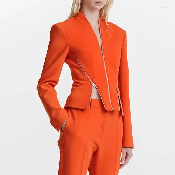 Vestes Femmes Orange Fashion Zipper Jacket pour femmes élégantes à manches longues mince manteau court automne hiver noir blanc vêtements d'extérieur 2023