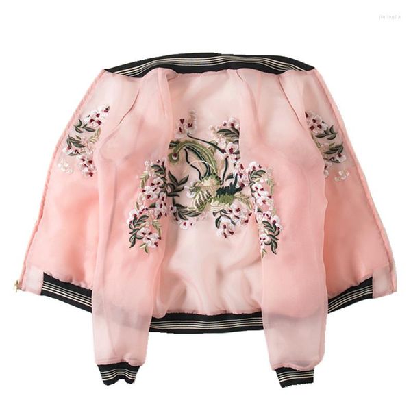 Chaquetas de Mujer Organza Vintage flor bordada chaqueta de béisbol Mujer Casual Bomber Ropa Mujer verano fino protector solar abrigo