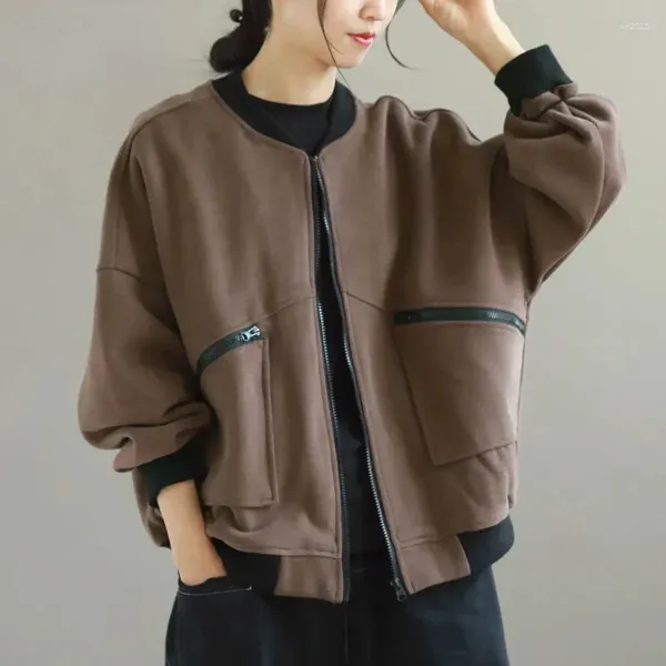 Vestes Femmes Oversize Vintage Brown Veste Femmes Manteau Court Maman Solide Casual Baseball Survêtement Zipper Poche Mode Cardigan Court