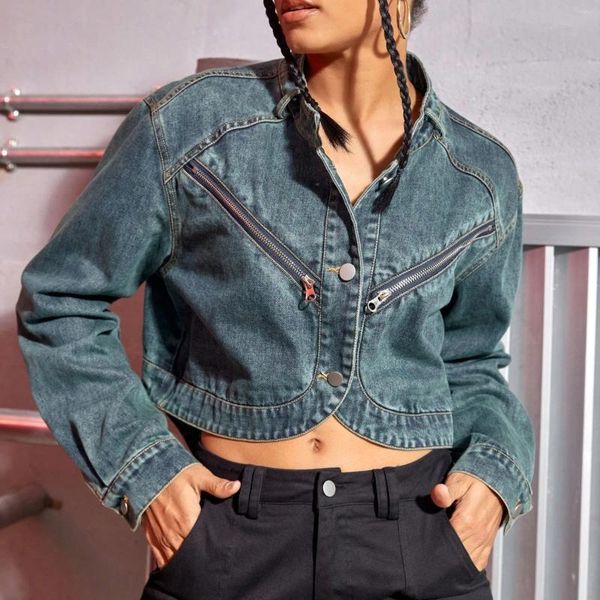 Chaquetas de mujer de gran tamaño chaqueta recortada de mezclilla Casual con cremallera novio Distresse Jean otoño primavera botón abajo abrigo de Hip Hop