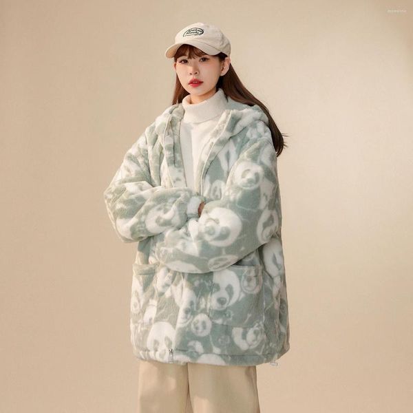 Chaquetas de mujer Patrón de panda Lana de cordero Abrigo de lana con capucha Abrigo de lana de gran tamaño Casual Oficina Damas Coreanas Espesadas Zip Up Sudaderas con capucha Ropa Kawaii