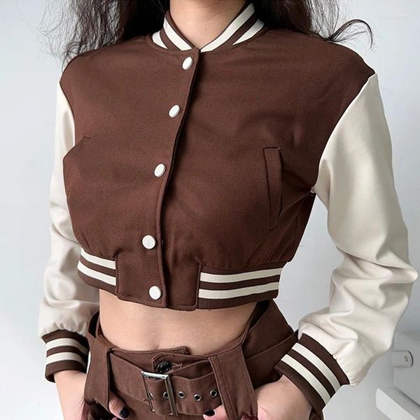 Chaquetas de mujer Patchwork Bomber Jacket Y2K Vintage Primavera Verano Streetwear Cintura alta Recortada Top Uniforme Abrigos de béisbol Veste Femme