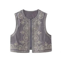 Damesjassen PB ZA 2023 Herfst Vintage Mode Casual Veelzijdig Temperament Kraal Borduren Fluwelen Kort Vest 230922