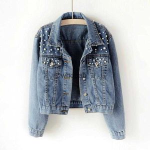 Damesjassen Parel Kralen Crop Denim Jassen Jeans Bomber Denim Jas Met Lange Mouwen Grote Maten Uitloper ED 240301