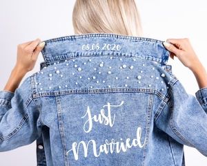 Chaquetas de mujer Chaqueta de mezclilla adornada con perlas para damas personalizada Chaqueta de mezclilla de novia Chaqueta de boda de novia personalizada Mrs Just Married con fecha 230727