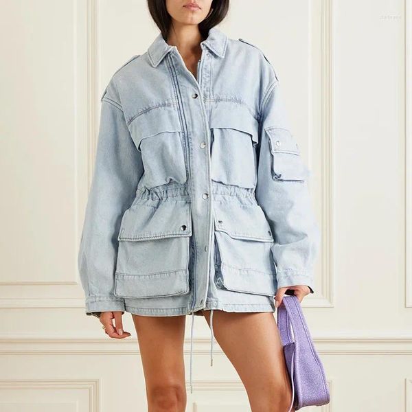 Vestes pour femmes Mode personnalisée Multi Pocket Design Sense Lace Up Taille Slim Vêtements Automne Mi-longueur Denim Manteaux