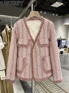 Vestes pour femmes Doudoune rose Doublure Vêtements courts 2024 Hiver Femme Tout assorti Col en V Socialite Design Manteau à manches longues