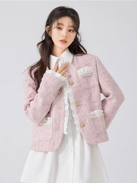 Chaquetas de mujer Pink Girls Sweet Pequeña fragancia Tweed para mujeres 2023 Otoño Invierno Moda coreana Abrigo de lana Francés Elegante Chaquetas