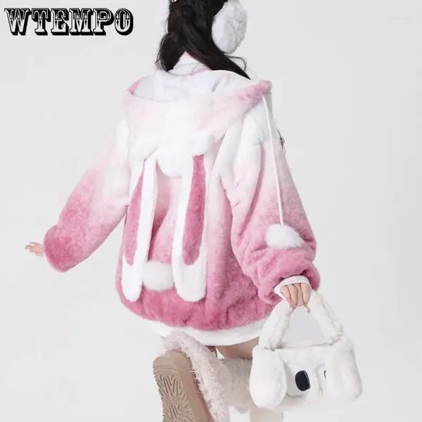 Vestes pour femmes Rose Gradient Sweats à capuche Mignon Peluche Chaud Lapin Oreille À Capuche Manteau À Fermeture À Glissière À Manches Longues Top Doux Américain Y2k Mode Coréenne