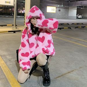 Vrouwen Jackets Pink Heart Faux Teddy Fur Basic Outerwear Plaid Checkerboard Winter Coat S 230208