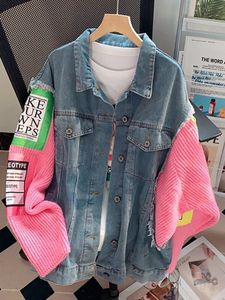 Damesjassen roze gebreid stiksel denim jack dames trendy chique herfst winter Koreaanse versie losse luie wind casual jeans uitloper vrouwelijk 230803