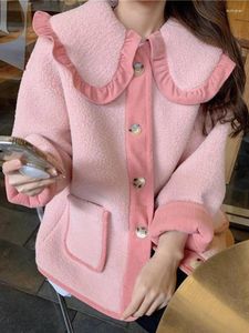 Vestes Femmes Rose Agneau Laine Manteau Femmes Surdimensionné Lâche Collier De Poupée Femme Coréenne Mode Doux Outwear Hiver Épais Manteaux Chauds