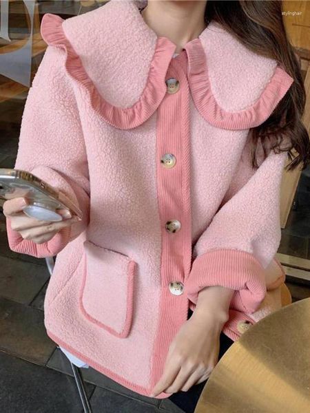 Chaquetas de mujer Abrigo de lana de cordero rosa Mujeres de gran tamaño Cuello de muñeca suelto Mujer Moda coreana Dulce Outwear Invierno Abrigos cálidos gruesos