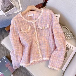 Vestes Femmes Rose Plaid Tweed Manteau Veste Femmes Outwear Tops Automne Élégant À Manches Longues Simple Boutonnage OL Vêtements De Travail Pardessus Femmes 230926