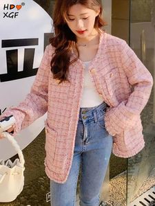 Vrouwen Jassen Roze Geruite Wol Tweed Plus Size Vrouw Jas Vintage O-hals Single Breasted Ruwe Randen Zoete Jas Koreaanse Mode Top Streetwear 230728