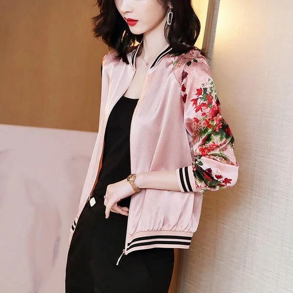 Chaquetas de mujer Chaqueta de béisbol con estampado rosa Mujer Primavera Elegante Manga larga Cremallera Moda coreana Casual Abrigo suelto Mujer Ropa de moda Wo