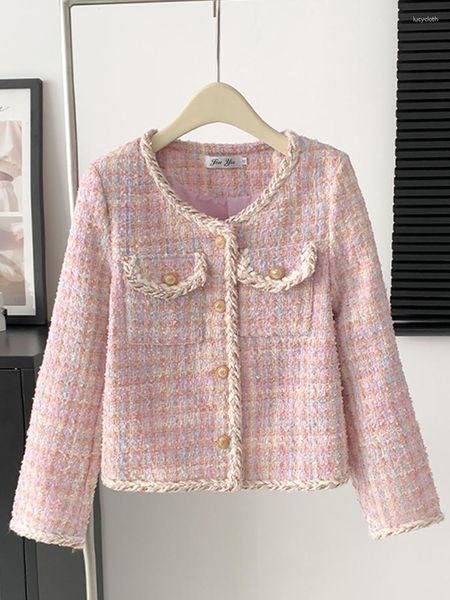 Chaquetas de mujer de Tweed rosa, abrigos cortos informales de mezcla de lana a la moda coreana, Chaquetas Vintage elegantes, prendas de vestir dulces elegantes 2023