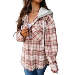 Vestes pour femmes Plaid assorti à capuche pour femmes automne hiver vêtements contraste couleur à manches longues manteaux de bords de fourrure