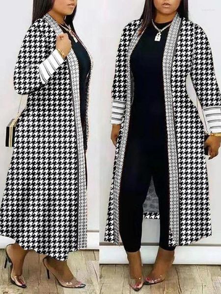 Vestes Femmes Plaid Imprimer Femmes Élégant Long Cardigan Casual Streetwear Patchwork Poule Manteau Femme Lâche Manches Longues Vêtements D'extérieur