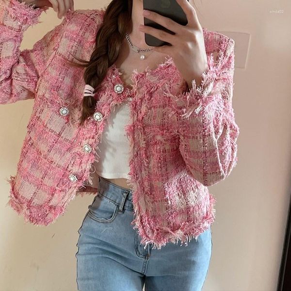 Chaquetas de mujer Abrigo de tweed a cuadros Mujeres Tallas grandes Rosa Lujo Lana Borla Outwear Outwear Single Breasted Long Sleve Bolsillos