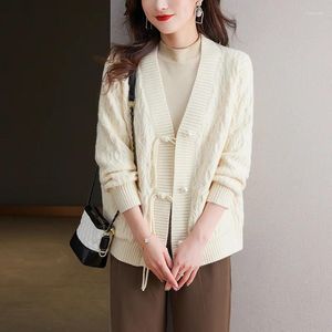 Damesjacks Plat knop Sweater Cardigan voor vrouwen 2024 Spring herfst Gebreide kleding Jacquard V-Neck Long-Sleeveved Leisure Office Tops