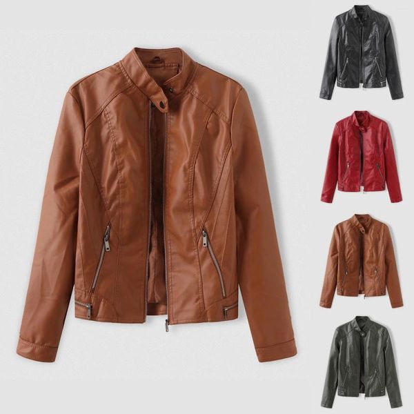 Chaquetas de mujer de talla grande 3XL chaqueta de cuero de otoño para mujer abrigos de motociclista de moda de Pu ajustados con cuello levantado