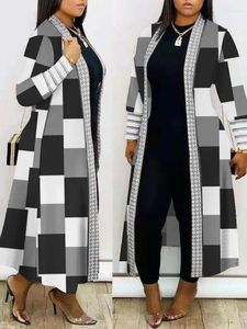 Damesjacks Plus size geometrische afdruk Open open front longline jas check afdrukken ontwerp casual lange herfst winter 2024