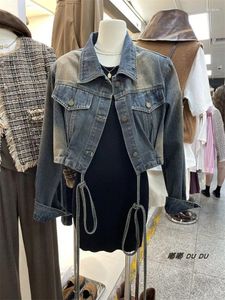 Vestes Femmes Polo Cou Rétro En détresse Denim Manteau Femmes Tops Automne Mode Coréenne Spicy Girl Lace Up Slim Veste Courte Vêtements