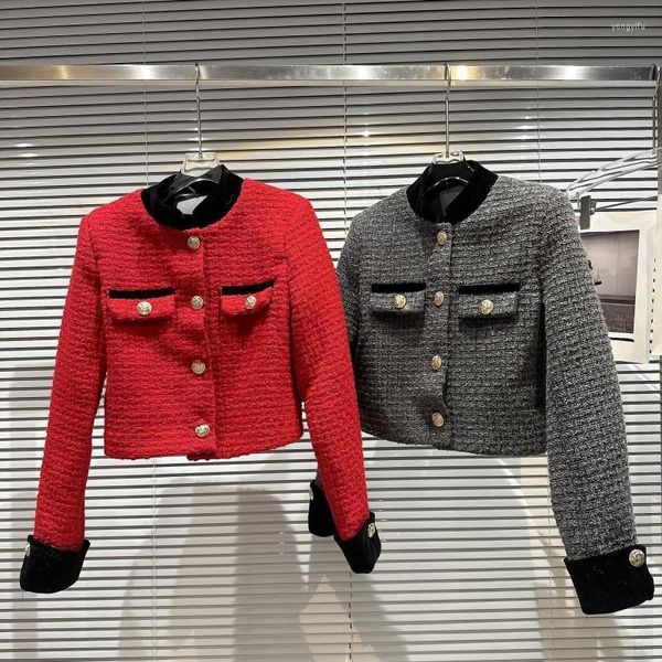 Vestes pour femmes PREPOMP 2023 hiver col montant boutons en métal rembourré épaule Tweed manteau court coton veste GG973