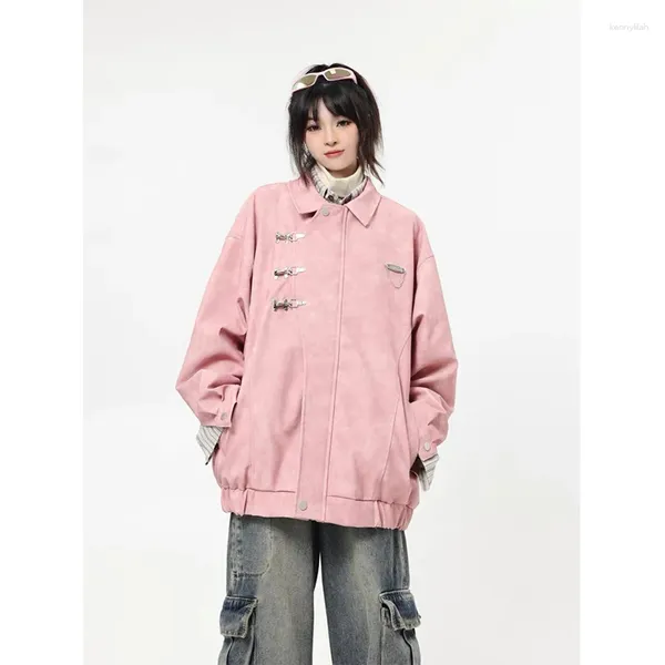 Vestes Femmes Preppy Streetwear Vêtements d'extérieur Boucle en métal Trench-coat à revers en daim pour femmes Vêtements Printemps Automne Y2K Rose Femelle