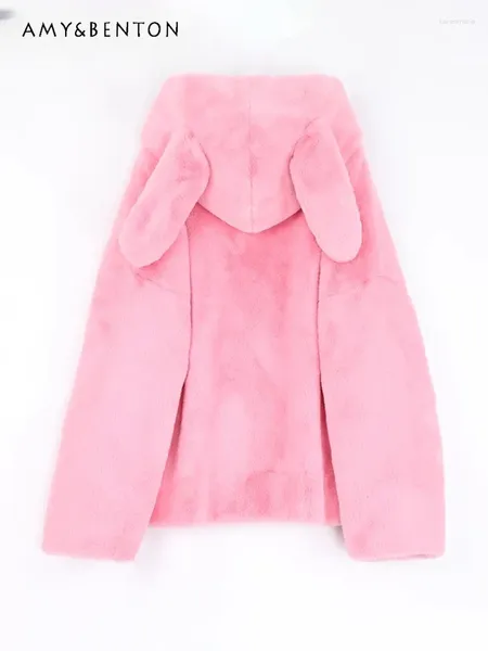 Chaquetas de mujer estilo Preppy Retro lindo peludo con capucha chaqueta con orejas mujeres espesar corto abrigo de lana de cuero sintético dulce gótico de gran tamaño