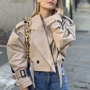 Vrouwen Jassen PTYSIC Vrouwen Vintage Oversized Cropped Trenchcoat Lange Mouwen Met Tabs Riem Double Breasted Knop Jas 230323