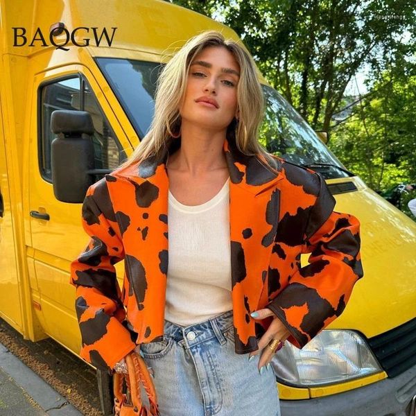 Chaquetas de mujer PU Cuero Vaca Impreso Mujeres Chaqueta de cultivos Blazer Cuello con muescas Abrigo suelto 2024 Otoño Invierno Y2K Streetwear Sexy Night Club