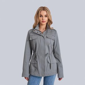 Vestes Femmes Puloru Safari Veste Printemps Automne Casual Couleur Unie À Manches Longues Revers Boutonné Cordon De Serrage Manteau Avec Poches