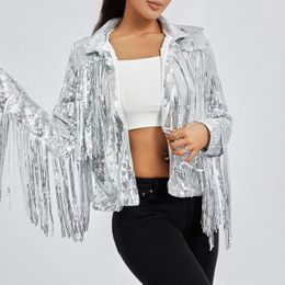 Vestes pour femmes Puloru Sparkly Paillettes Fringe Rétro 90s Streetwear Disco Outwear Manches longues Ouvert Avant Glitters Gland