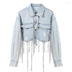 Damesjassen Punk Metal Chain Tassel Denim Vrouwen lange mouw korte ontwerp lagen herfst blauwe jas voor