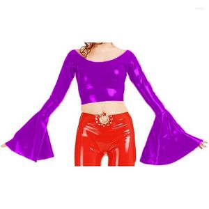 Vestes pour femmes Style Punk Brillant PVC Cuir O-Neck Tops Latex Look Chemise À Manches Longues Évasées Nouveauté Court Crop Top Femmes Hip Hop 7XL