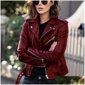 Femmes Vestes Punk Femmes Cool Faux Cuir Veste À Manches Longues Fermeture Éclair Ajustée Manteau Automne Court Solide Revers Femme Moto Biker 2021 Dro Dhtdo