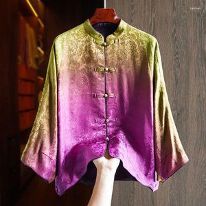 Damesjassen paarse high-end high-end Chinese stijl stand kraag zijden shirt retro jacquard gradiënt losse single breasted top m-xxl