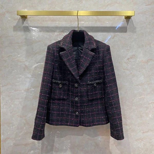 Chaquetas de mujer Abrigo de tweed a cuadros morado Lana Traje casual de fragancia pequeña retro de gama alta