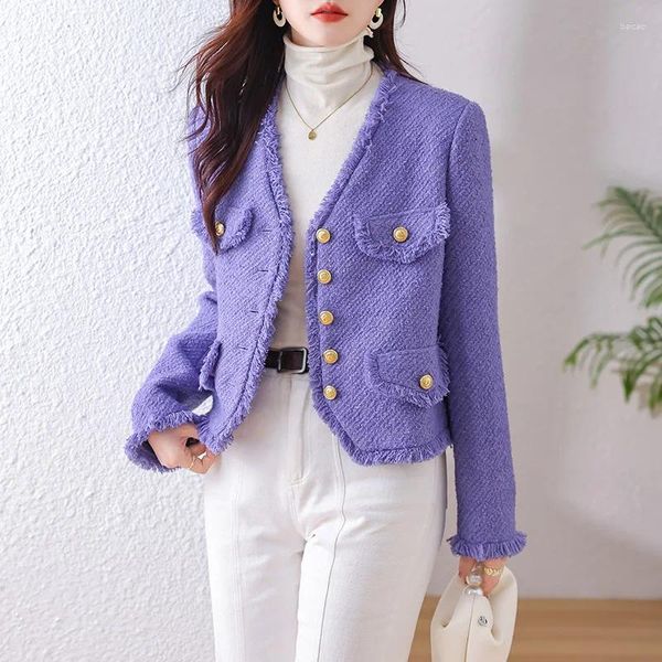 Vestes Femmes Violet Court Femmes Veste Automne 2023 Simple Tweed Manteau Femme Coréen Chic Simple Boutonnage Col V Vêtements D'extérieur